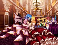 Rule 34 | 4girls, alternate costume, arch, bat wings, blonde hair, blue hair, blurry, blush, bow, breasts, chandelier, checkered floor, crescent, depth of field, dome, dress, embodiment of scarlet devil, epaulettes, female focus, flandre scarlet, floor, flower, frills, garter straps, hat, hat bow, head wings, highres, holding hands, interlocked fingers, koakuma, long hair, multiple girls, no headwear, no headwear, aged up, patchouli knowledge, perspective, ponytail, purple eyes, purple hair, red eyes, red flower, red hair, red rose, remilia scarlet, rose, short hair, shoulder pads, touhou, untue, very long hair, wings