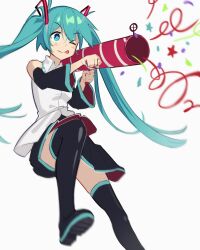Rule 34 | &gt; o, 1girl, :p, black thighhighs, blush, boots, closed mouth, collared shirt, confetti, detached sleeves, dethmaid, green hair, gun, hair ornament, hatsune miku, highres, holding, holding gun, holding weapon, long hair, long sleeves, miniskirt, one eye closed, pleated skirt, shirt, skirt, smile, solo, star (symbol), thigh boots, thighhighs, tongue, tongue out, twintails, vocaloid, weapon, white background, white shirt