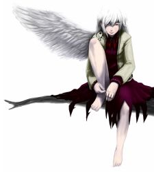 Rule 34 | angel wings, barefoot, bow, branch, brooch, brown jacket, colored eyelashes, dress, expressionless, feathered wings, full body, grey hair, grey wings, hair over one eye, in tree, jacket, jewelry, juurouta (pixiv3673286), kishin sagume, leg up, lips, long sleeves, looking at viewer, purple dress, red eyes, short hair, simple background, single wing, sitting, sitting in tree, solo, toenails, toes, touhou, tree, white background, white hair, wings