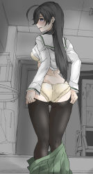 1girl, ahoge, ass, bangs, black eyes, black hair, black legwear, blouse, blush, bra, commentary, elf (stroll in the woods), from behind, girls und panzer, green skirt, half-closed eyes, highres, indoors, isuzu hana, light frown, long hair, long sleeves, looking at viewer, looking back, ooarai school uniform, open clothes, open skirt, panties, pantyhose, pantyhose pull, parted lips, partially colored, pleated skirt, pulled by self, school uniform, serafuku, shirt lift, skirt, skirt pull, solo, standing, sweat, textless, underwear, yellow bra, yellow panties