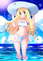 Rule 34 | 1girl, absurdres, bad id, bad pixiv id, bikini, blonde hair, blue bikini, blush, braid, closed mouth, cloud, commentary request, creatures (company), day, eyelashes, game freak, green eyes, hands on headwear, hands up, hat, highres, lillie (pokemon), long hair, miyama (yakinikusushi the royal), navel, nintendo, outdoors, pokemon, pokemon (anime), pokemon sm (anime), sky, smile, solo, sparkle, standing, sunlight, swimsuit, wading, water, white hat
