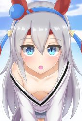 Rule 34 | 1girl, absurdres, animal ears, blue eyes, blurry, blurry background, breasts, cloud, downblouse, extended downblouse, fang, grey hair, hair ornament, hairband, headband, highres, horse ears, horse girl, horse tail, katsuragi b k, leaning forward, long hair, looking at viewer, navel, no bra, off shoulder, open mouth, outdoors, shorts, single bare shoulder, sky, small breasts, solo, tail, tamamo cross (umamusume), textless version, umamusume