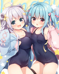 Rule 34 | 2girls, :d, ahoge, bare shoulders, black one-piece swimsuit, blue eyes, blue hair, blue jacket, blush, bow, braid, breasts, chestnut mouth, cleavage, commentary request, covered navel, double bun, hair bow, hair bun, hair ornament, hairclip, hanamiya natsuka, hood, hood down, hooded jacket, jacket, long sleeves, medium breasts, multiple girls, old school swimsuit, one-piece swimsuit, open clothes, open jacket, open mouth, original, pinching sleeves, pink bow, pink jacket, puffy long sleeves, puffy sleeves, red eyes, school swimsuit, silver hair, sleeves past fingers, sleeves past wrists, small breasts, smile, star (symbol), swimsuit, swimsuit under clothes, twin braids, two side up, w, yellow bow