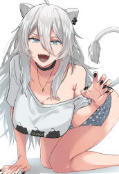 Rule 34 | 1girl, absurdres, ahoge, all fours, animal ears, bare legs, black collar, black nails, black panties, blue eyes, breasts, cleavage, collar, commentary, ear piercing, fangs, feet out of frame, fingernails, grey hair, hair between eyes, highres, hololive, jewelry, karakr shin, large breasts, lion ears, lion tail, long hair, looking at viewer, nail polish, necklace, no pants, off shoulder, official alternate costume, open mouth, panties, panty peek, piercing, polka dot, sharp fingernails, shirt, shishiro botan, shishiro botan (casual), sidelocks, simple background, smile, solo, tail, underwear, virtual youtuber, white background, white shirt