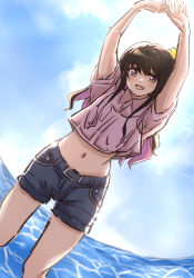 Rule 34 | 1girl, alternate costume, black hair, blue sky, brown eyes, cloud, commentary request, cowboy shot, denim, denim shorts, kantai collection, ld (luna dial398), long hair, looking at viewer, midriff, multicolored hair, naganami (kancolle), navel, pink hair, pink shirt, shirt, shorts, sky, solo, standing, stretching, sun, two-tone hair, water, wavy hair