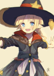 Rule 34 | 1girl, bad id, bad pixiv id, blonde hair, blue eyes, blush, braid, elf, great kichi, hat, juno bernal, open mouth, pointy ears, pop-up story, smile, solo, twin braids, witch hat