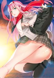 Rule 34 | 10s, 1girl, ass, ass focus, bag, black necktie, black socks, blouse, darling in the franxx, from below, gleam, handbag, highres, kneepits, looking at viewer, miniskirt, necktie, official art, outdoors, scarf, shirt, shoes, skirt, socks, solo, striped necktie, tagme, thighs, upskirt, white shirt, yabuki kentarou, zero two (darling in the franxx)