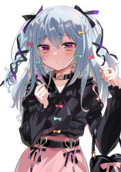 Rule 34 | 1boy, blush, choker, commentary request, earrings, hair between eyes, heart, heart earrings, highres, inuyama tamaki, jewelry, long hair, long sleeves, looking at viewer, male focus, noripro, pout, simple background, solo, trap, tyuraba, upper body, virtual youtuber, white background