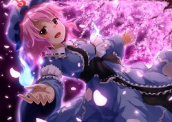 Rule 34 | 1girl, :d, bad id, bad pixiv id, blue fire, blush, breasts, cherry blossoms, dai-erie, dress, dutch angle, fire, glowing, hat, highres, hitodama, looking at viewer, mob cap, open mouth, outstretched hand, petals, pink eyes, pink hair, reaching, reaching towards viewer, saigyouji yuyuko, sash, short hair, smile, smug, solo, touhou, triangular headpiece, veil