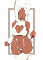 Rule 34 | 1girl, absurdres, animal ears, bare shoulders, blush, boku no hero academia, breasts, cleavage, cleavage cutout, clenched hands, clothing cutout, commission, dark-skinned female, dark skin, detached sleeves, garter straps, heart cutout, highleg, highleg panties, highres, large breasts, long eyelashes, long hair, looking at viewer, meme attire, mirko, naughty face, navel, omniiro, panties, parted bangs, rabbit ears, rabbit girl, raised eyebrows, red eyes, ribbed sleeves, ribbed sweater, side-tie panties, sideboob, sleeveless, sleeveless sweater, sleeveless turtleneck, smile, solo, stomach, sweater, thighhighs, thighs, tongue, tongue out, turtleneck, turtleneck sweater, underwear, very long hair, virgin destroyer sweater, white garter straps, white hair, white panties, white sweater