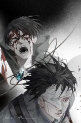 Rule 34 | 1boy, absurdres, bandage over one eye, bandaged head, bandages, black hair, blood, blood on face, chinese commentary, chitudeyiling, commentary, floating hair, highres, jewelry, levi (shingeki no kyojin), looking ahead, multiple views, necklace, remembering, sanpaku, shingeki no kyojin, short hair, shouting, stitches