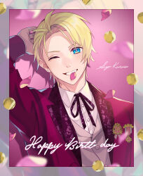 Rule 34 | 1boy, badge, blonde hair, blue eyes, character name, collared shirt, confetti, dress shirt, earrings, falling petals, grin, hair slicked back, hand up, happy birthday, highres, jacket, jewelry, kurusu shou, lapels, looking at viewer, male focus, mouth hold, neck ribbon, notched lapels, official alternate costume, one eye closed, open clothes, open jacket, outside border, parted bangs, patterned clothing, petal in mouth, petals, pink jacket, pink vest, purple ribbon, ribbon, rintarou (tone rnrn), shadow, shirt, short hair, smile, solo, stud earrings, suit jacket, uta no prince-sama, vest, zoom layer