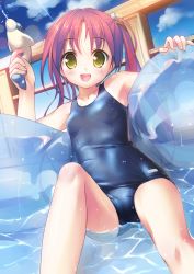 Rule 34 | 1girl, :d, blush, cube hair ornament, hair ornament, highres, holding, looking at viewer, one-piece swimsuit, open mouth, original, red hair, school swimsuit, shiny clothes, sitting, smile, solo, swimsuit, takoyaki (roast), water, water gun, wet, yellow eyes
