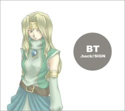 Rule 34 | .hack//, .hack//sign, 00s, 1girl, bandai, belt, blonde hair, blue eyes, brooch, bt, bt (.hack//), character name, circlet, copyright name, cowboy shot, cyber connect 2, detached sleeves, expressionless, green shirt, hack, jewelry, long hair, lowres, parted bangs, shirt, solo, white background