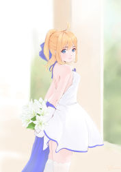 Rule 34 | 1girl, 2017, absurdres, ahoge, arms behind back, artist request, artoria pendragon (all), artoria pendragon (fate), backless dress, backless outfit, blonde hair, blue eyes, blue ribbon, bouquet, dated, dress, fate (series), flower, gloves, highres, lace, lace-trimmed legwear, lace trim, lily (flower), lips, long hair, looking at viewer, ribbon, saber (fate), saber (pure night dress) (fate), saber lily, smile, solo, thighhighs, white gloves