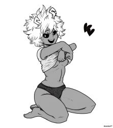 Rule 34 | 10s, 1girl, armpit peek, ashido mina, barefoot, black sclera, boku no hero academia, clothes lift, colored sclera, feet, full body, greyscale, heart, highres, horns, kneeling, lifted by self, looking at viewer, monochrome, navel, nipples, no bra, open mouth, panties, shirt lift, short hair, short sleeves, simple background, skuddbutt, smile, solo, underwear, white background