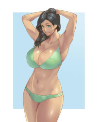 Rule 34 | 1girl, armpits, arms behind head, arms up, bikini, black hair, blush, breasts, cleavage, closed mouth, collarbone, cowboy shot, green bikini, green eyes, hair over shoulder, kuramori2gou, large breasts, legs together, lips, long hair, looking at viewer, mature female, navel, original, shiny skin, smile, solo, standing, stomach, swimsuit, thighhighs, two-tone background
