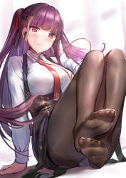 Rule 34 | 1girl, arm support, black pantyhose, black skirt, blush, breasts, closed mouth, collared shirt, commentary, earphones, feet, girls&#039; frontline, gloves, hair ribbon, half updo, high-waist skirt, himonoata, large breasts, long hair, looking at viewer, necktie, no shoes, one side up, pantyhose, purple hair, red eyes, red necktie, ribbon, shirt, skirt, solo, suspender skirt, suspenders, thighband pantyhose, toes, v-shaped eyebrows, very long hair, wa2000 (girls&#039; frontline)