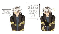 Rule 34 | !, 1boy, :o, ?, alternate hairstyle, black hair, black jacket, blue shirt, bokuto koutarou, claireiosity, closed eyes, dirty, dirty face, dyed hair, english text, eyebrows, firefighter, haikyuu!!, hair between eyes, hair down, highres, jacket, light blush, looking at viewer, male focus, multicolored hair, open mouth, pale skin, shirt, short hair, smile, solo, solo focus, sparkle, speech bubble, spiked hair, striped, teeth, thumbs up, tongue, two-tone hair, white background, white hair, yellow eyes