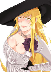 Rule 34 | 1girl, alcina dimitrescu, alcina dimitrescu (cosplay), blonde hair, breasts, cleavage, cosplay, dress, fang, flower, gloves, hacchan (kamaboko tai), highres, jewelry, kiss-shot acerola-orion heart-under-blade, large breasts, large hat, long dress, long hair, looking at viewer, monogatari (series), necklace, open mouth, oshino shinobu, pearl necklace, pointy ears, resident evil, resident evil village, slit pupils, smile, solo, vampire, very long hair, white dress, yellow eyes