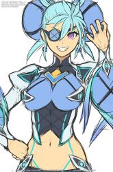 Rule 34 | 1girl, :d, aqua hair, artist name, breasts, commentary, earrings, english commentary, english text, eyeliner, gofelem, grin, hand on own hip, jewelry, large breasts, looking at viewer, makeup, navel, open mouth, praxis (xenoblade), purple eyes, simple background, sketch, smile, solo, stomach, tareme, teeth, twitter username, unfinished, upper body, white background, xenoblade chronicles (series), xenoblade chronicles 2