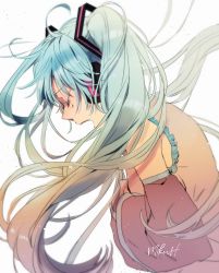 Rule 34 | 1girl, absurdres, blue hair, character name, crying, detached sleeves, closed eyes, grey shirt, hatsune miku, headphones, highres, long hair, makoji (yomogi), open mouth, shaded face, shirt, simple background, solo, solo focus, tears, twintails, very long hair, vocaloid, white background