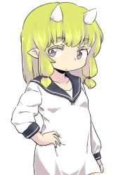 Rule 34 | 1girl, blonde hair, croixsan, expressionless, female focus, horns, oni horns, pointy ears, sailor collar, sidelocks, simple background, solo, white background