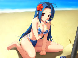 Rule 34 | 1girl, bad id, bad pixiv id, barefoot, beach, bikini, blue bikini, blue hair, breasts, can, cleavage, cygnus (cygnus7), day, drink can, flower, food, hair flower, hair ornament, hibiscus, idolmaster, idolmaster (classic), large breasts, miura azusa, mouth hold, navel, outdoors, popsicle, red eyes, revision, side-tie bikini bottom, sitting, soda can, solo, swimsuit, water
