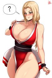 Rule 34 | 1girl, ?, artist name, bare shoulders, blonde hair, blush, breasts, brown eyes, cleavage, commentary request, cosplay, curvy, fatal fury, female focus, hair intakes, highres, huge breasts, jmg, large breasts, long hair, looking down, nail polish, naruto, naruto (series), naruto shippuuden, ninja, no bra, pelvic curtain, revealing clothes, shiranui mai, shiranui mai (cosplay), signature, simple background, solo, speech bubble, spoken question mark, sweatdrop, the king of fighters, thick thighs, thighs, trait connection, tsunade (naruto), white background, wide hips