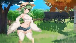 Rule 34 | 1girl, bare shoulders, birb (niniidawns), bird legs, blush, borrowed character, braid, breasts, brown eyes, commentary, crop top, denim, denim shorts, english commentary, feathered wings, feathers, green hair, hair between eyes, harpy, hat, highres, long hair, looking at viewer, medium breasts, monster girl, mouth hold, navel, niniidawns, open fly, original, outdoors, short shorts, shorts, sleeveless, solo, stalk in mouth, straw hat, turtleneck, twibli1, twin braids, wagon, white feathers, white wings, wide hips, wing ears, winged arms, wings