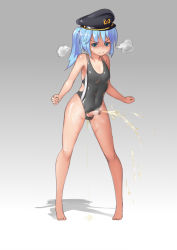 Rule 34 | 1futa, angry, aqua hair, bar censor, bare arms, bare legs, bare shoulders, barefoot, black one-piece swimsuit, blue hair, censored, covered navel, embarrassed, flat chest, full body, futanari, hat, nervous, one-piece swimsuit, original, peeing, penis, pointless censoring, ponytail, small penis, solo, standing, steam, stmast, swimsuit, tears, testicles
