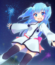 Rule 34 | 10s, 1girl, :d, bad id, bad pixiv id, black thighhighs, blue eyes, blue hair, dress, long hair, looking at viewer, matching hair/eyes, mirei, noel (sora no method), open mouth, smile, solo, sora no method, thighhighs, two side up, white dress, zettai ryouiki