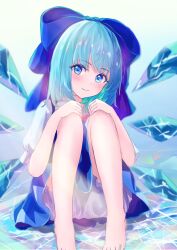 Rule 34 | 1girl, bloomers, blue bow, blue dress, blue eyes, blue hair, blush, bow, cirno, closed mouth, commentary request, detached wings, dress, hair bow, hands on own knees, highres, ice, ice wings, looking at viewer, medium hair, narutakaya, pinafore dress, sitting, sleeveless, sleeveless dress, smile, solo, touhou, underwear, white bloomers, wings