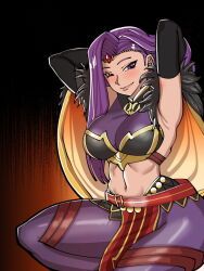 Rule 34 | 1girl, armpits, arms behind head, arms up, belt, black background, black gloves, breasts, cape, circlet, closed mouth, commentary, earrings, elbow gloves, english commentary, fire emblem, fire emblem echoes: shadows of valentia, fire emblem heroes, gem, gloves, highres, jewelry, large breasts, loincloth, mnejing30, navel, nintendo, official alternate costume, orange background, pantyhose, pink lips, purple eyes, purple hair, purple pantyhose, red belt, red gemstone, single hair intake, smile, solo, sonya (fire emblem gaiden), two-tone background, yellow cape