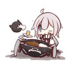 Rule 34 | 10s, 1girl, abyssal ship, blue eyes, chibi, curry, curry rice, eating, enemy aircraft (kancolle), food, highres, juice, kantai collection, nuu (nu-nyu), orange juice, rice, short hair, silver hair, tissue, wo-class aircraft carrier