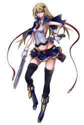Rule 34 | 1girl, absurdres, arc system works, belt, black thighhighs, blazblue, blazblue: chronophantasma, blonde hair, blue footwear, boots, derivative work, early type, full body, gloves, green eyes, groin, gun, hair ornament, hairpin, highres, knee boots, long hair, midriff, navel, necktie, noel vermillion, shawl, skirt, solo, thighhighs, thighhighs under boots, weapon, white background