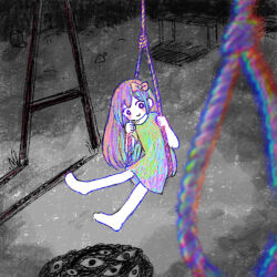 Rule 34 | 1girl, aubrey (headspace) (omori), aubrey (omori), bow, child, crayon (medium), disembodied eye, dress, hair bow, holding, holding rope, long hair, looking at viewer, multicolored clothes, multicolored hair, noose, omori, partially colored, playground, rope, short sleeves, smile, solo, sun iiinu, swing set, traditional media