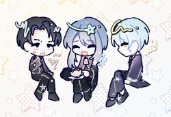 Rule 34 | 1boy, 1girl, 1other, angela (project moon), black coat, black eyes, black footwear, black gloves, black hair, black pants, black suit, blue hair, chibi, closed eyes, closed mouth, coat, colorful, confused, cup, enlxmfflsdkgus, formal, frilled sleeves, frills, gloves, holding, holding cup, library of ruina, light blue hair, medium hair, mug, multicolored background, open mouth, pale skin, pants, plate, project moon, purple coat, purple pants, purple skirt, roland (project moon), short hair, sidelocks, simple background, skirt, smile, star (symbol), suit, sweatdrop, the bookhunter, yellow eyes