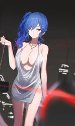 Rule 34 | 1girl, azur lane, bag, bare shoulders, blue hair, blurry, blurry background, blurry foreground, breasts, commentary, dress, glint, gnns, gradient hair, hair between eyes, hair ornament, handbag, highres, holding, holding bag, huge breasts, jewelry, large breasts, lipstick, looking at viewer, makeup, multicolored hair, necklace, night, night sky, no bra, official alternate costume, one eye closed, outdoors, side ponytail, silver dress, sky, sleeveless, sleeveless dress, solo, st. louis (azur lane), st. louis (luxurious wheels) (azur lane), standing, thighs