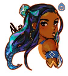 1girl absurdres armlet blue_eyeshadow blue_hair character_name creatures_(company) dark-skinned_female dark_skin earrings eyeshadow game_freak hair_bun hashtag-only_commentary highres hoop_earrings jewelry long_hair looking_at_viewer makeup multicolored_hair nessa_(pokemon) nintendo oluyemiart pokemon pokemon_swsh sidelocks simple_background solo tongue tongue_out two-tone_hair white_background