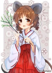 Rule 34 | 1girl, alternate costume, alternate hairstyle, animal ears, branch, brown eyes, brown hair, chinese zodiac, commentary, floral background, flower, girls und panzer, grey background, hair ribbon, hakama, hakama short skirt, hakama skirt, highres, holding, holding branch, japanese clothes, kemonomimi mode, kimono, long sleeves, looking at viewer, miko, mouse ears, mouse tail, namatyoco, new year, nishizumi miho, open mouth, outline, outside border, red flower, red hakama, red rose, ribbon, ribbon-trimmed sleeves, ribbon trim, rose, short hair, short twintails, skirt, smile, solo, standing, tail, twintails, white kimono, white outline, wide sleeves, year of the rat