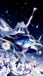 Rule 34 | 1girl, absurdly long hair, absurdres, aqua hair, arms up, bird, blue jacket, blue skirt, boots, commentary request, cross-laced footwear, frilled gloves, frilled skirt, frills, from side, full body, gloves, hatsune miku, high heel boots, high heels, highres, holding, holding staff, jacket, lengchan (fu626878068), long hair, magical mirai (vocaloid), magical mirai miku, magical mirai miku (2013), puffy short sleeves, puffy sleeves, shooting star, short sleeves, skirt, sky, solo, staff, star (sky), starry sky, twintails, very long hair, vocaloid, white footwear, white gloves