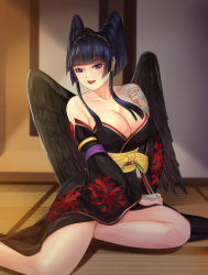 Rule 34 | 1girl, bare shoulders, black hair, breasts, cleavage, collarbone, dead or alive, highres, japanese clothes, large breasts, mole, mole under mouth, nyotengu, purple eyes, wings
