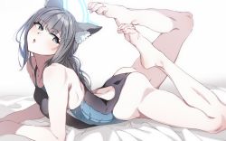 Rule 34 | 1girl, animal ear fluff, animal ears, ass, bare shoulders, barefoot, blue archive, blue eyes, breasts, cat ears, competition swimsuit, cross hair ornament, extra ears, feet, feet up, grey hair, hair ornament, hairclip, halo, highres, legs up, long hair, looking at viewer, lying, mismatched pupils, multicolored clothes, multicolored swimsuit, on stomach, one-piece swimsuit, shiroko (blue archive), shiroko (swimsuit) (blue archive), soles, solo, swimsuit, tai san ps4, the pose, toes, wedgie