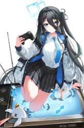 Rule 34 | 1girl, absurdres, aris (blue archive), artist name, black hair, black skirt, blue archive, blue eyes, blue necktie, breasts, collared shirt, controller, crt, game controller, hair between eyes, halo, highres, holding, holding controller, holding game controller, jacket, leada, long hair, long hair between eyes, long sleeves, looking at viewer, medium breasts, necktie, peroro (blue archive), pleated skirt, rabbit ears antenna, rectangular halo, school uniform, shirt, side ponytail, simple background, skirt, smile, solo, television, very long hair, white background, white jacket, white shirt