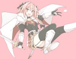 Rule 34 | 1boy, :d, armor, astolfo (fate), bad id, bad pixiv id, belt, black jacket, black thighhighs, blush, boots, braid, cape, commentary request, fang, fate/apocrypha, fate (series), feet out of frame, fur trim, gauntlets, grey eyes, hair over shoulder, heart, holding, holding sword, holding weapon, jacket, long hair, long sleeves, male focus, mobu, open mouth, pink background, pink hair, simple background, single braid, smile, solo, sword, thighhighs, trap, weapon, white cape, white footwear