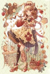 Rule 34 | 1girl, :3, animal ear fluff, animal ears, apple, apple slice, artist name, asymmetrical legwear, asymmetrical sleeves, basket, black bow, black bowtie, black skirt, black thighhighs, blunt bangs, bow, bow skirt, bowtie, brown hair, cake, cake slice, capelet, cat, cat ears, cat girl, cat tail, choker, commentary, cup, falling petals, fence, flower, food, frilled skirt, frills, from side, fruit, full body, hair bow, hair ornament, hand up, headdress, heart, heart hair ornament, highres, hikimayu, holding, holding food, holding fruit, leaf, looking at viewer, mismatched legwear, mismatched sleeves, orange flower, orange rose, original, petals, puffy sleeves, red capelet, red eyes, red flower, red footwear, red rose, rose, saucer, shirt, shoes, short hair with long locks, signature, single thighhigh, skirt, sleeves past fingers, sleeves past wrists, smile, solo, sparkle, standing, symbol-only commentary, table, tail, tail ornament, tea set, teacup, teapot, thighhighs, tsukumi bis, white shirt, yellow background, yellow choker, yellow headwear, yellow skirt