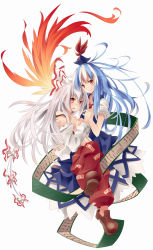 Rule 34 | 2girls, blue hair, bow, dress, female focus, fiery wings, fire, fujiwara no mokou, hair bow, hat, head tilt, highres, holding hands, kamishirasawa keine, large bow, light smile, long hair, mikan (bananoha), multicolored hair, multiple girls, no socks, ofuda, open clothes, open shirt, pants, pink eyes, red eyes, scared, scroll, shirt, simple background, strap slip, suspenders, touhou, two-tone hair, very long hair, white hair, wings, yuri