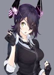 Rule 34 | 10s, 1girl, amami amayu, commentary request, eyepatch, fingerless gloves, gloves, grey background, hair over one eye, headgear, kantai collection, looking at viewer, necktie, open collar, open mouth, partially fingerless gloves, playing with own hair, purple hair, shirt, short hair, sketch, sleeves rolled up, solo, sweater, tenryuu (kancolle), upper body, yellow eyes