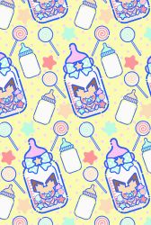 Rule 34 | baby bottle, bottle, candy, commentary request, creature, creatures (company), ekm, closed eyes, facing viewer, food, food focus, game freak, gen 2 pokemon, highres, lollipop, nintendo, no humans, pacifier, pichu, pokemon, pokemon (creature), polka dot, polka dot background, ribbon, sitting, sleeping, star (symbol), yellow background